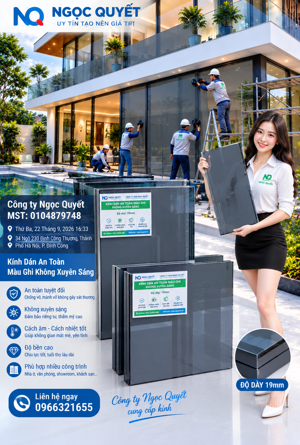 Kính dán an toàn màu ghi không xuyên sáng Ngọc Quyết dày 19 mm cho cửa kính công trình